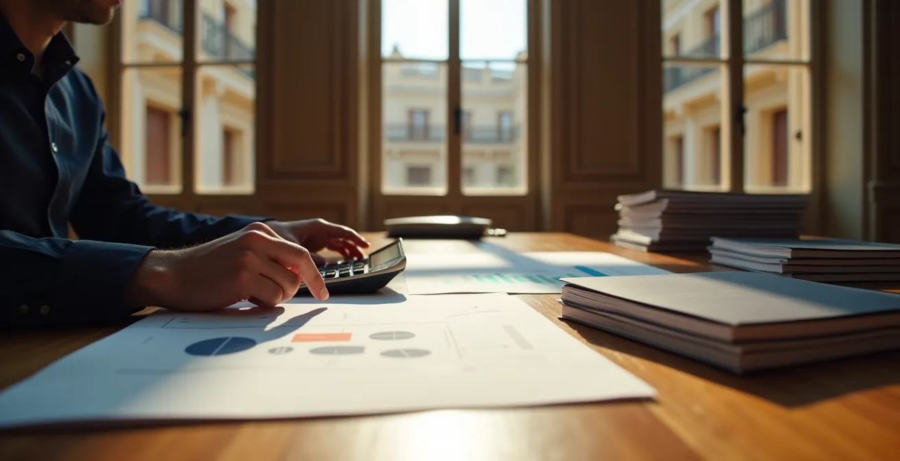Professionista italiano analizza grafici finanziari con calcolatrice e documenti bancari