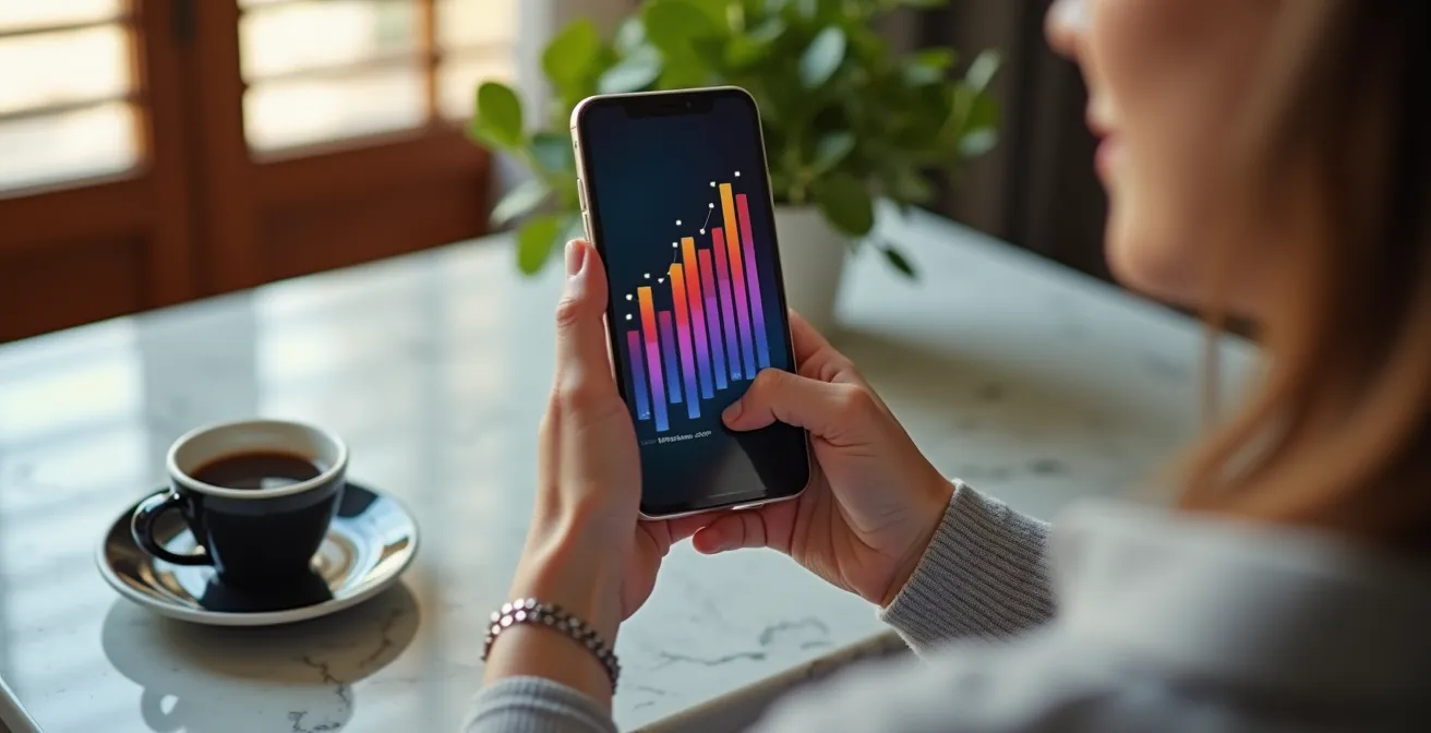 Mani che tengono smartphone con grafici colorati di risparmio in ambiente domestico italiano