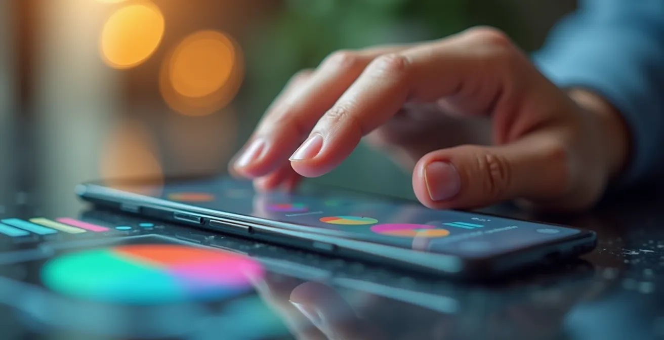 Mano che tiene smartphone con grafici finanziari colorati in ambiente minimalista