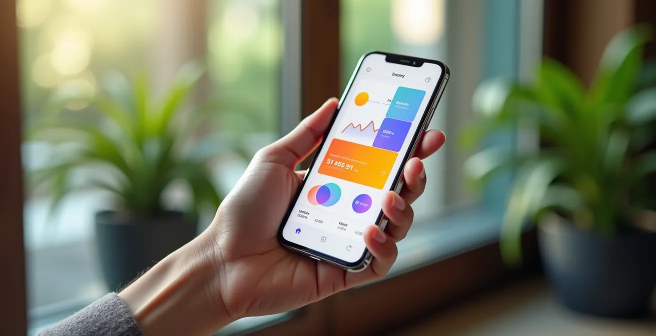 Mano che tiene smartphone moderno con interfaccia bancaria astratta e colorata