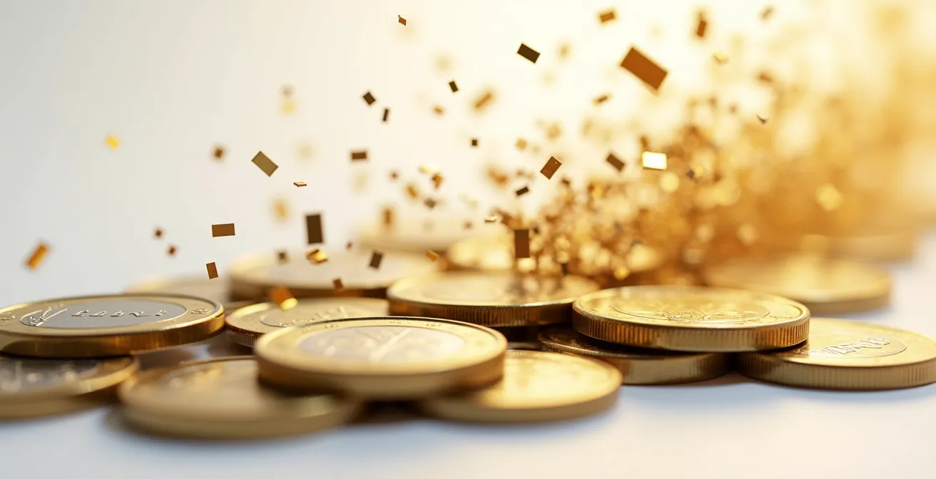 Monete che si trasformano in pixel digitali entrando in un salvadanaio virtuale