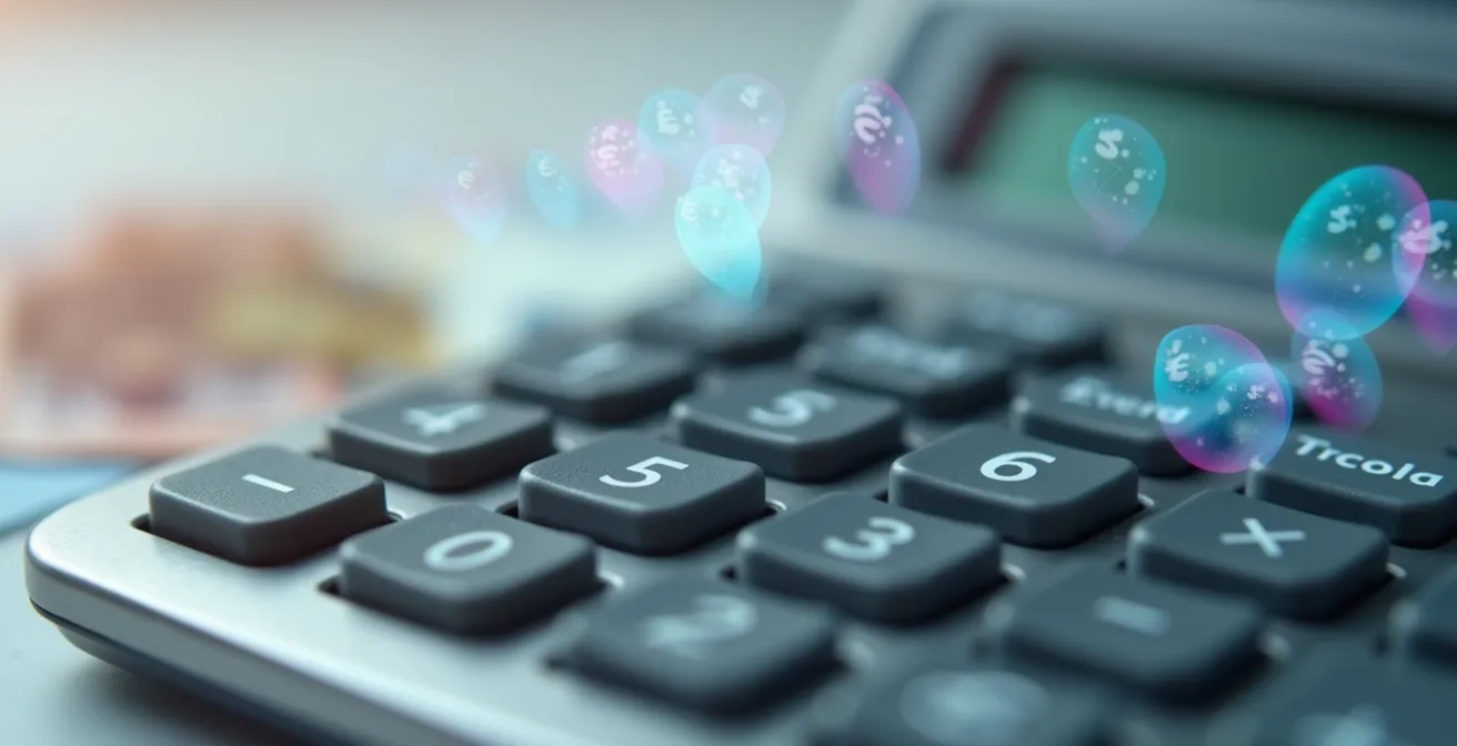 Calcolatrice digitale con banconote euro sfocate e simboli di valuta fluttuanti