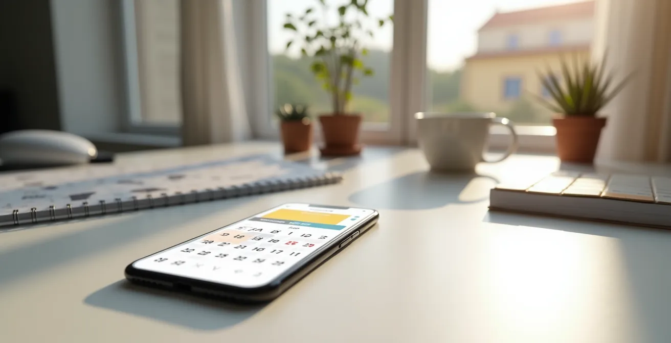 Calendario digitale su smartphone con notifiche di scadenze fiscali in ambiente domestico italiano