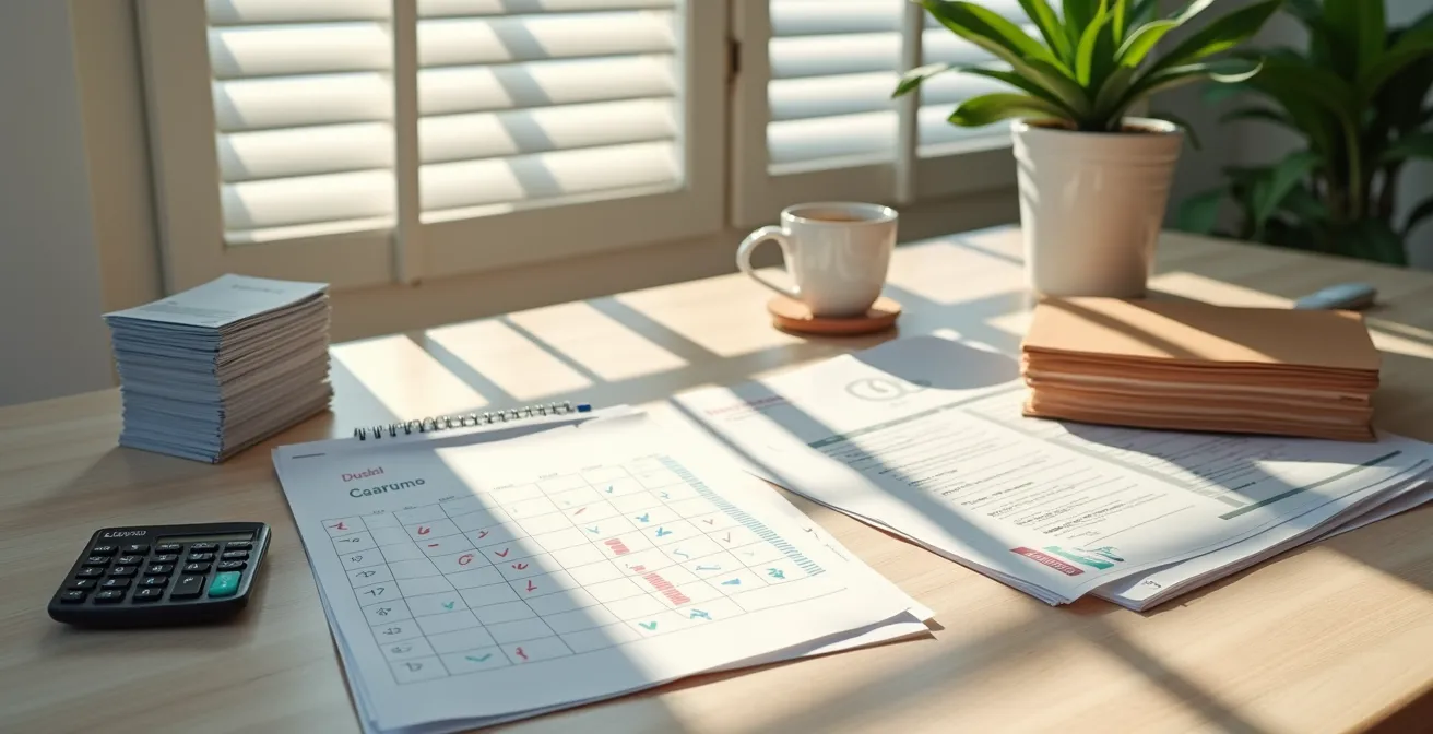 Calendario con segni di spunta e documenti finanziari ordinati su scrivania italiana