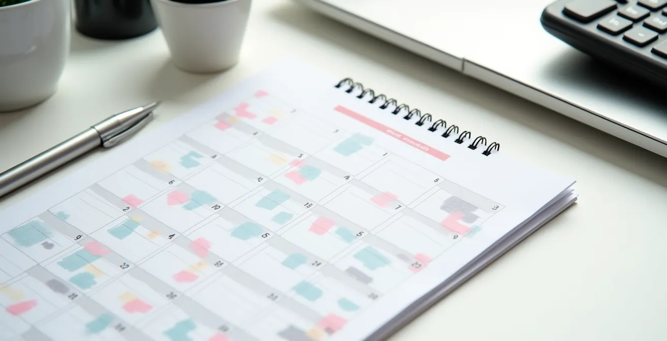 Calendario da tavolo con penna e calcolatrice su scrivania ordinata