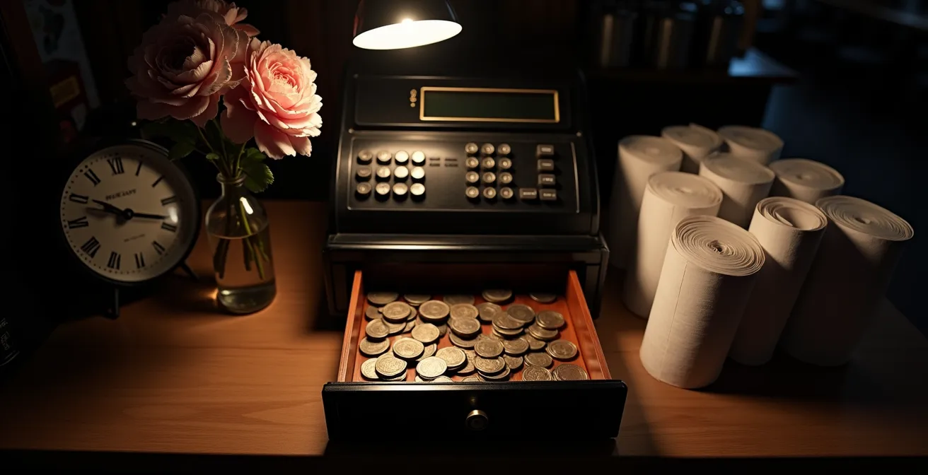 Metafora visiva dell'impatto economico dei disservizi di pagamento: una cassa vuota in un negozio italiano.