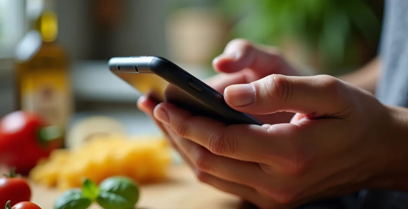 Dettaglio macro di mano che tiene smartphone con grafico colorato delle categorie di spesa