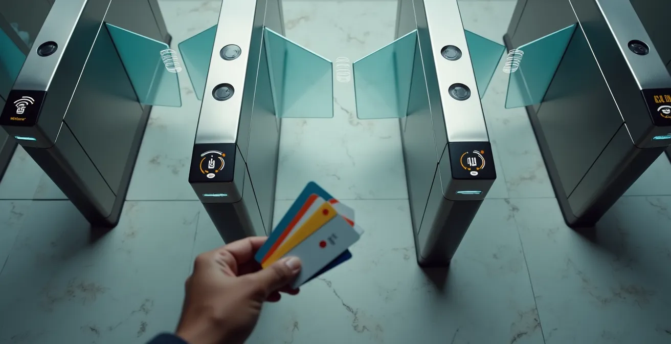 Vista dall'alto di un tornello della metropolitana con onde radio simboliche che indicano un conflitto tra più carte NFC.