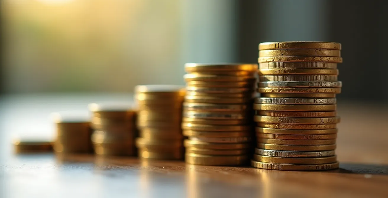 Vista macro di monete euro impilate con profondità di campo ridotta e texture metallica dettagliata