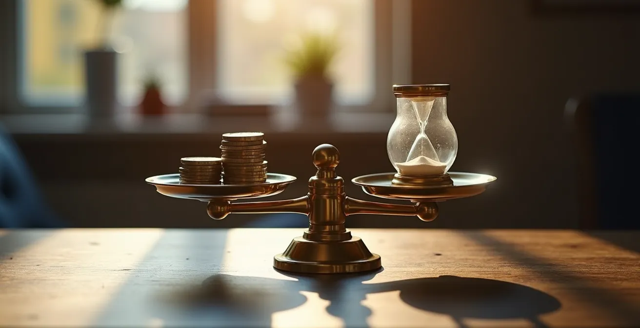 Bilancia in equilibrio con monete da un lato e clessidra dall'altro su tavolo di legno