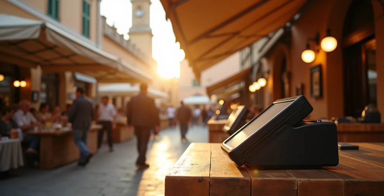 Vista ampia di un mercato all'aperto italiano con bancarelle e tecnologia di pagamento