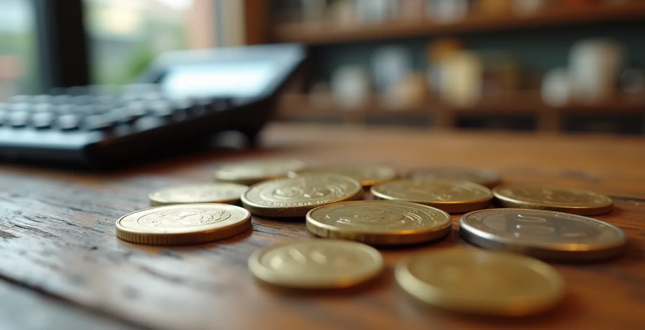 Dettaglio macro di monete e ricevute su bancone di negozio italiano