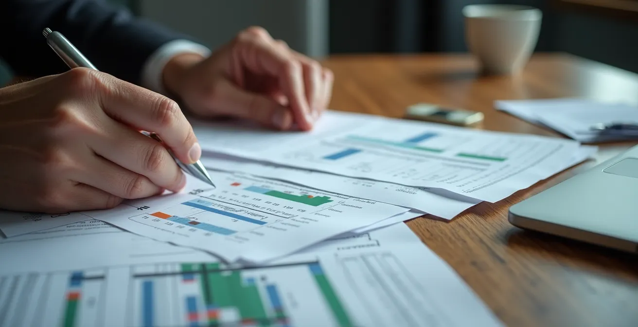 Primo piano di mani che organizzano estratti conto e documenti finanziari su scrivania elegante