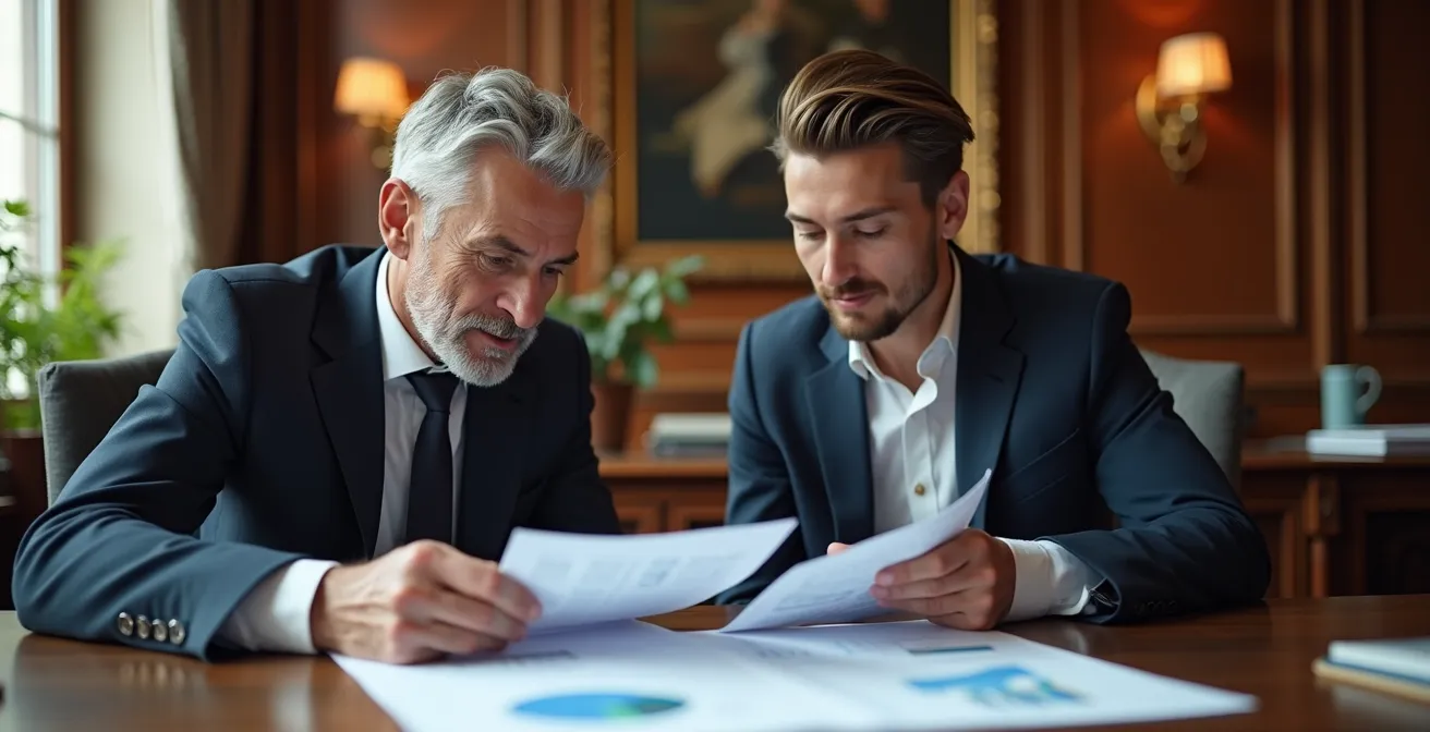 Incontro professionale tra direttore di banca e libero professionista in filiale italiana