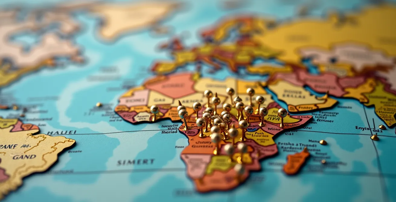 Mappa mondiale degli investimenti con focus sulla diversificazione geografica, che mostra una grande concentrazione di puntine sull'Italia e poche sparse nel resto del mondo.