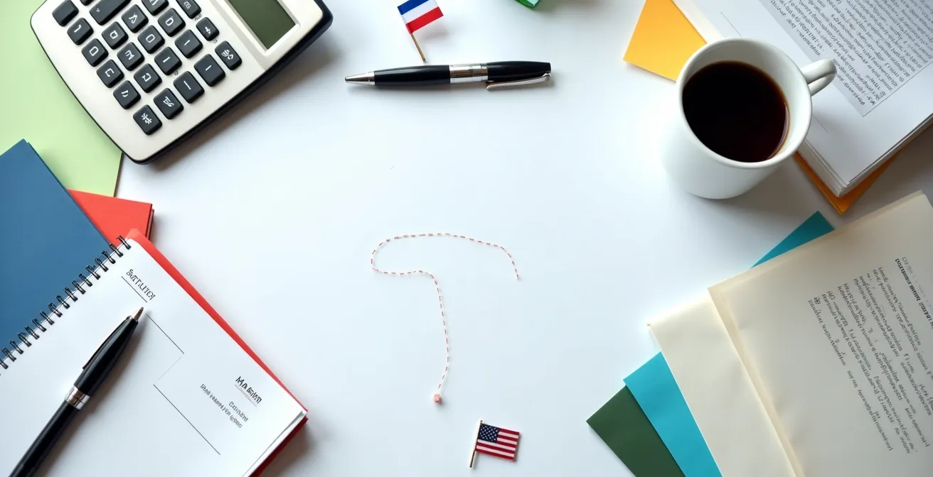 Documenti fiscali internazionali su scrivania di investitore con bandiere italiana e americana