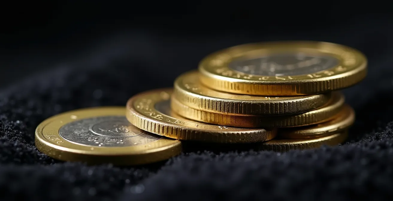 Macro fotografia di monete che si dissolvono gradualmente su sfondo nero