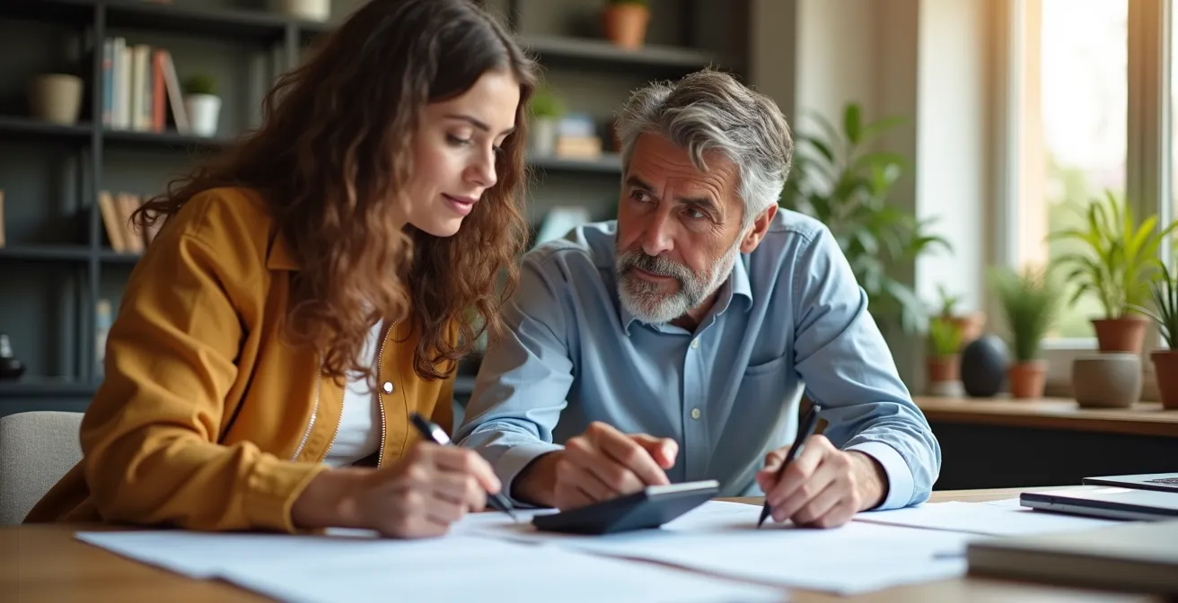 Coppia italiana che pianifica trasferimenti tra conti su documenti finanziari
