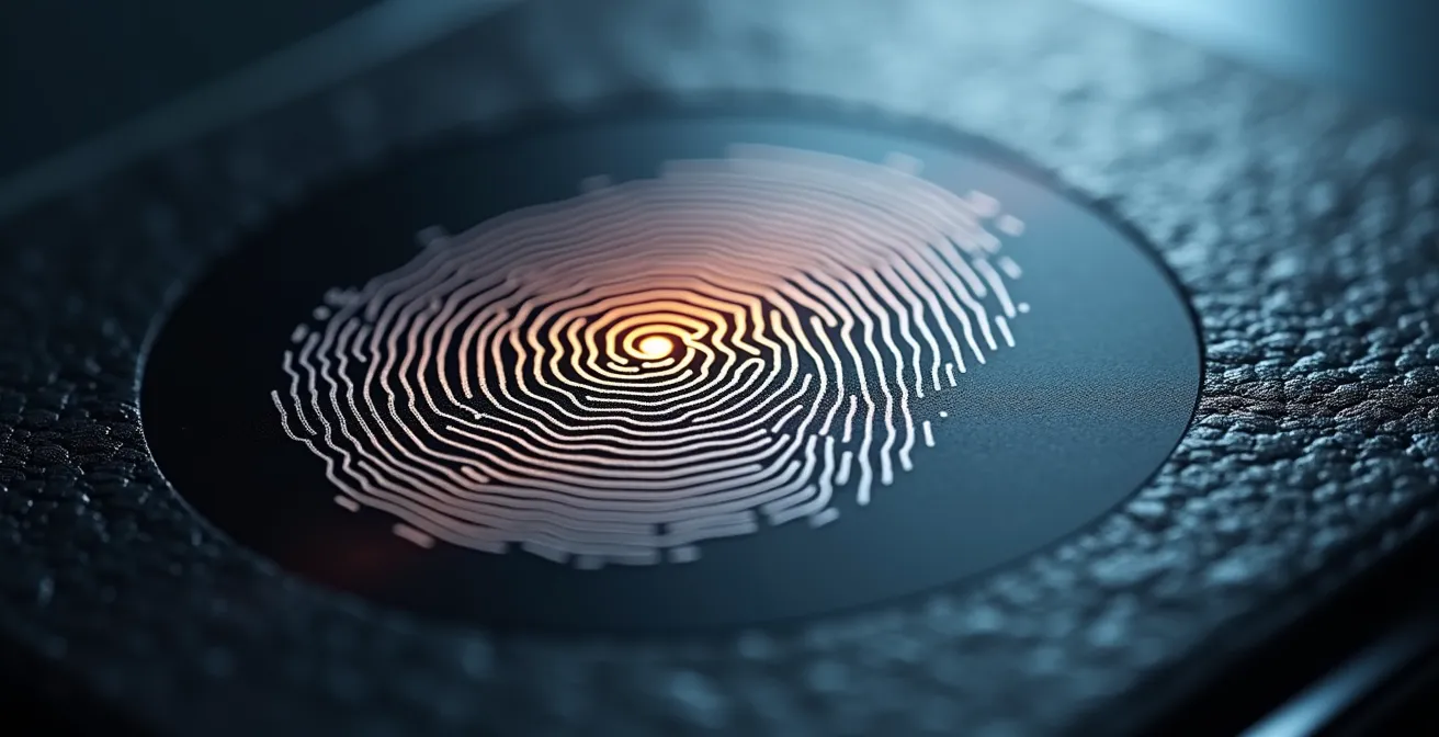 Dettaglio macro di un sensore biometrico moderno per l'autenticazione bancaria sicura