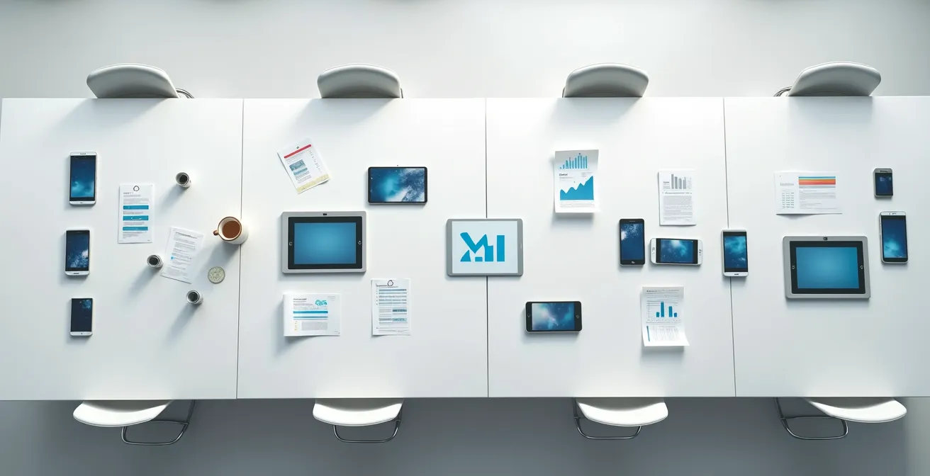 Vista dall'alto di un tavolo di lavoro con dispositivi digitali e documenti cartacei organizzati in tre aree distinte