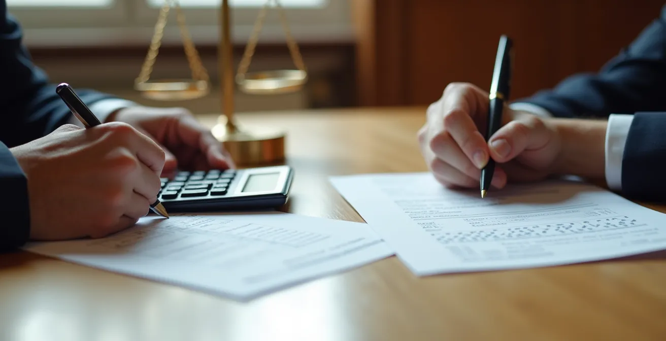 Mani che firmano documenti su tavolo con bilancia della giustizia sfocata