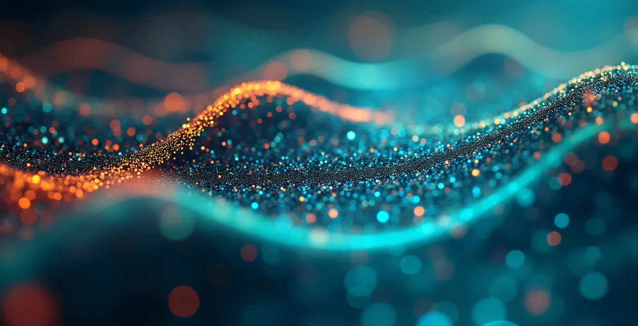 Dettaglio macro di una superficie digitale con pattern di dati fluenti in colori vibranti