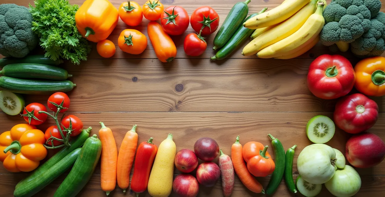 Vista dall'alto di prodotti alimentari organizzati per categoria su tavolo in legno