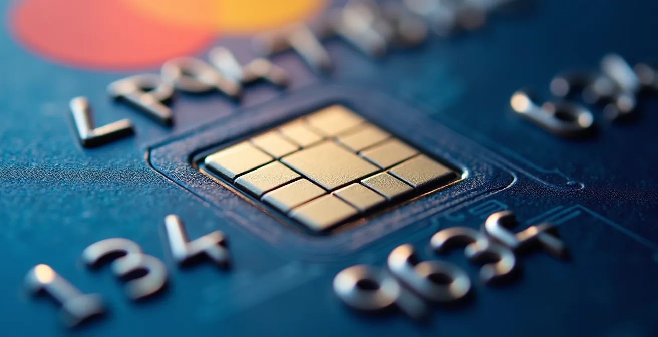 Dettaglio macro di chip contactless con onde di pagamento sicuro