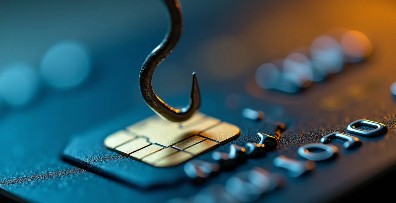 Illustrazione metaforica dei rischi di phishing con elementi di sicurezza bancaria