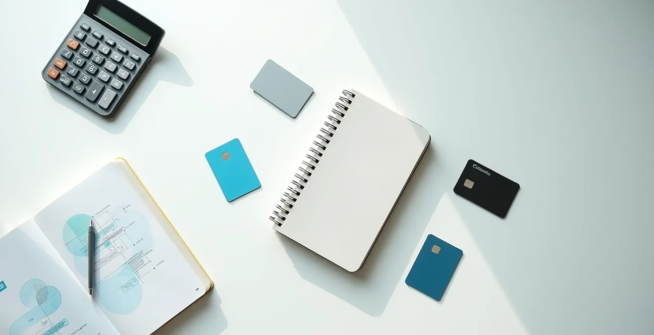 Vista dall'alto di un tavolo con carte di credito disposte strategicamente e calcolatrice