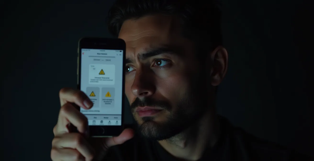 Smartphone con interfaccia app beta e segnali di avvertimento sui rischi