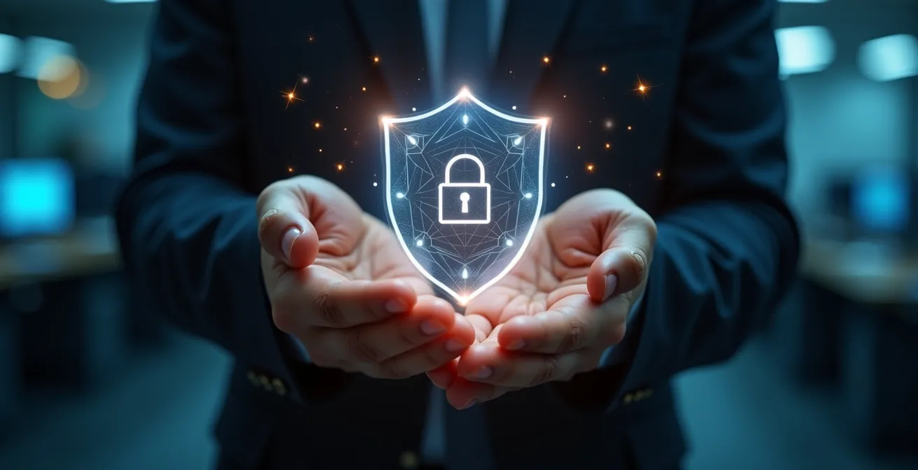 Mani che tengono uno scudo digitale trasparente con pattern geometrici che proteggono documenti sfocati