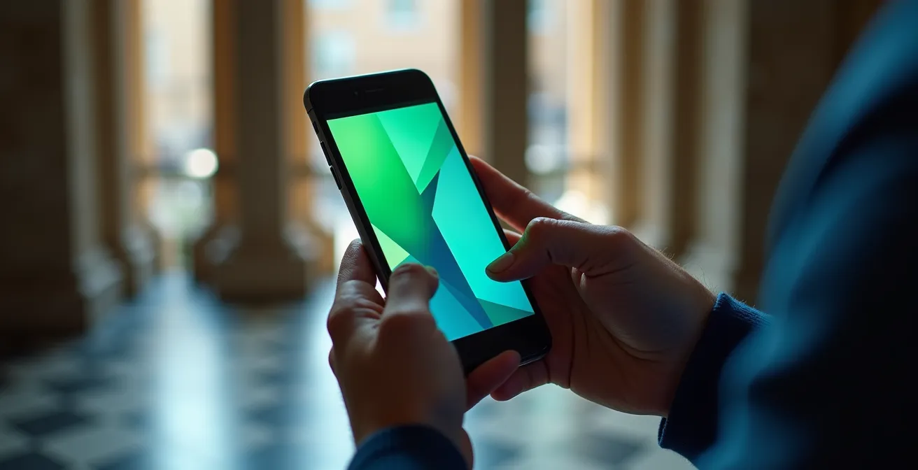 Mani che tengono uno smartphone con grafici astratti e bilanciamento visivo tra elementi verdi e blu