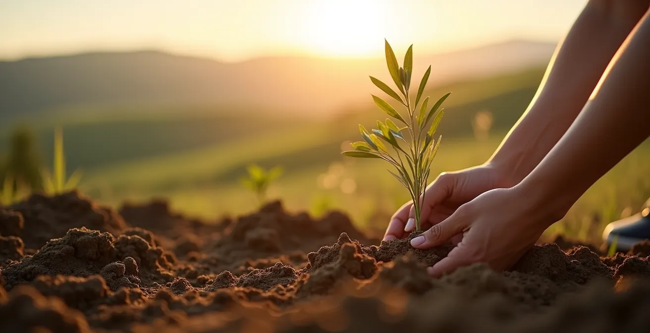 Mano che pianta un germoglio in terreno fertile con sole all'orizzonte