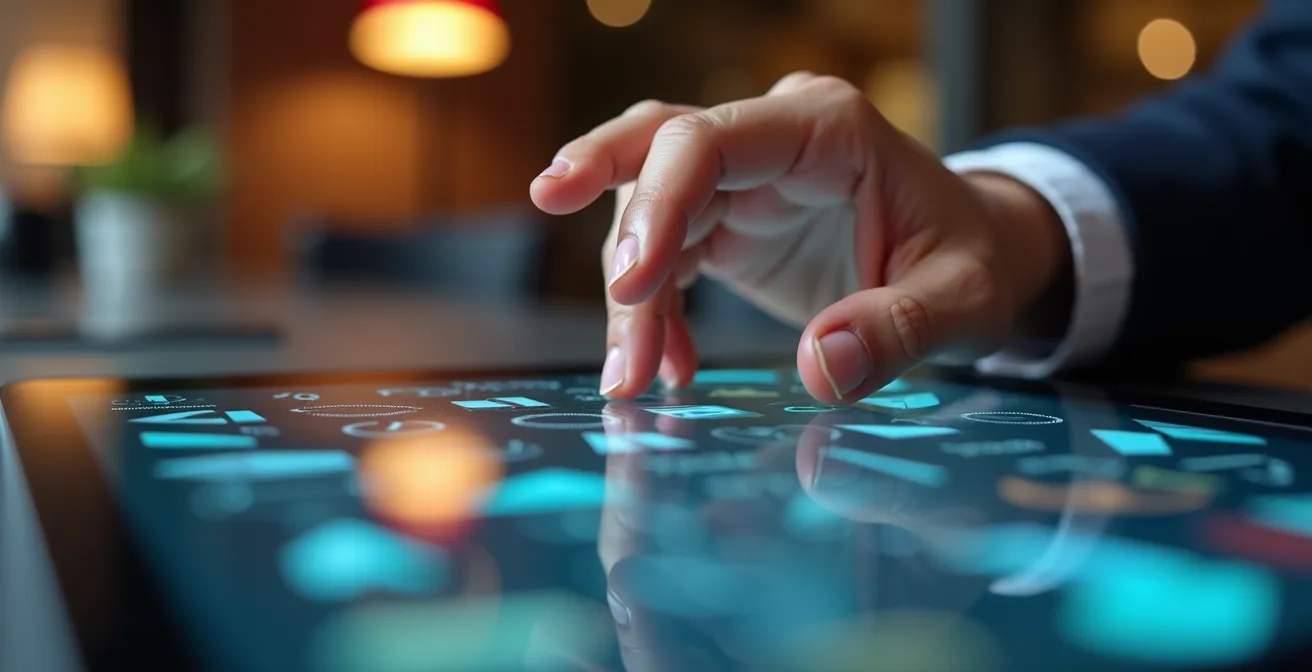 Mano che naviga su tablet in un ambiente bancario italiano con interfaccia astratta