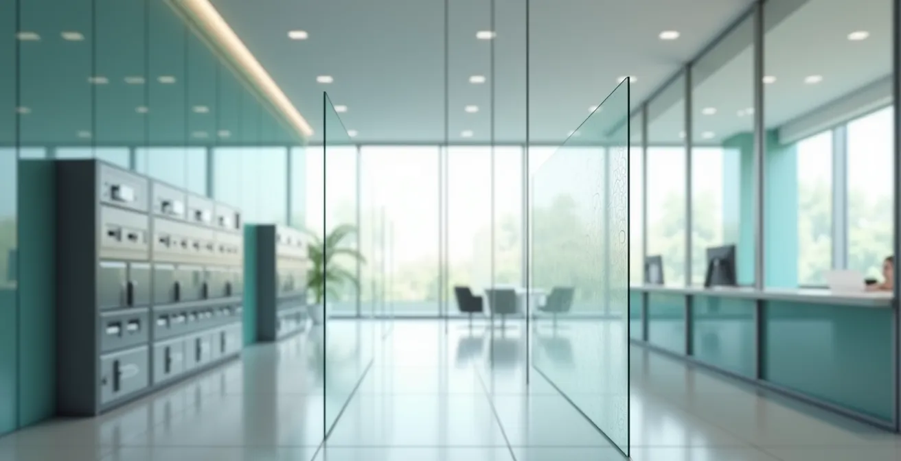 Divisorio di vetro che separa contanti da documenti finanziari