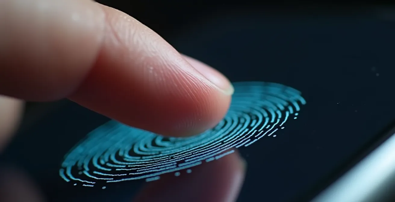 Dettaglio macro di un dito che sfiora un sensore biometrico su uno smartphone
