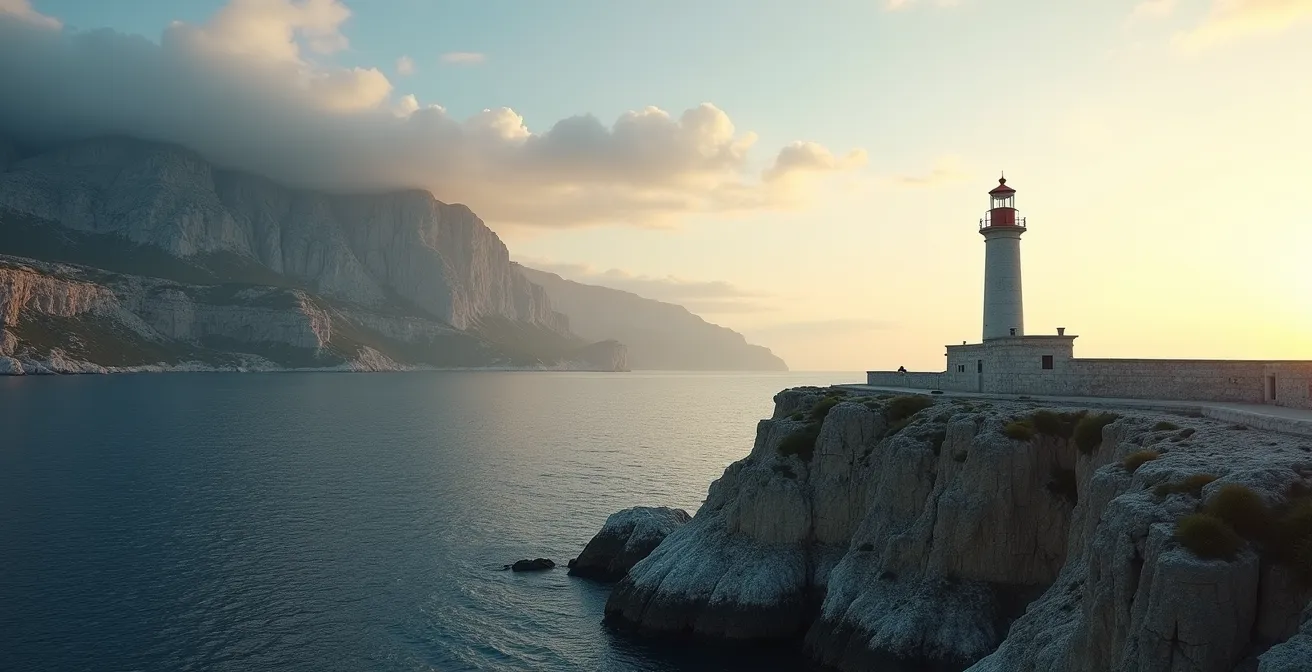 Rappresentazione visiva della volatilità dello spread BTP-Bund, simboleggiata da un faro stabile su una scogliera durante una tempesta marina.