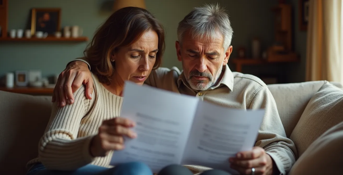 Coppia italiana che analizza documenti finanziari con espressioni preoccupate in salotto