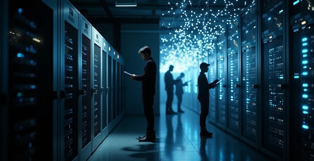 Cronologia visiva del processo di disaster recovery bancario con server e tecnici