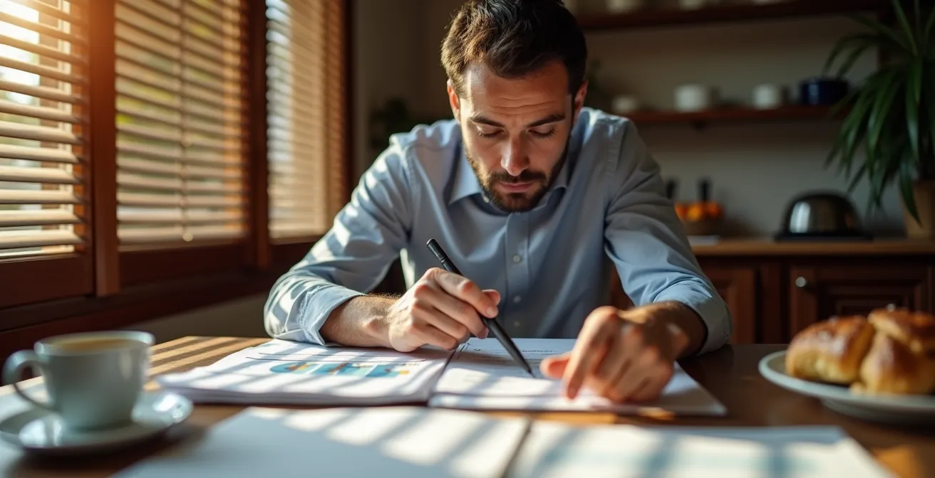 Trader italiano pianifica le operazioni di borsa durante le ore mattutine italiane prima dell'apertura di Wall Street