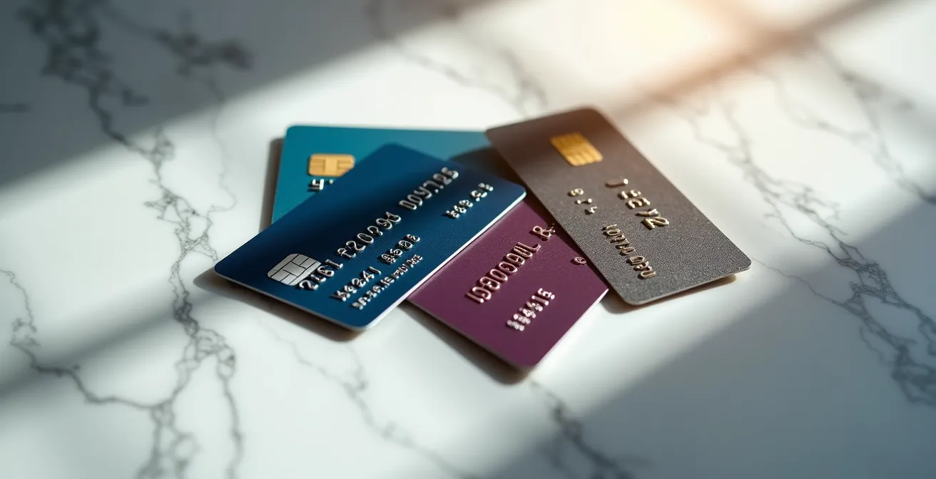 Tre carte di pagamento diverse disposte elegantemente su una superficie di marmo italiano