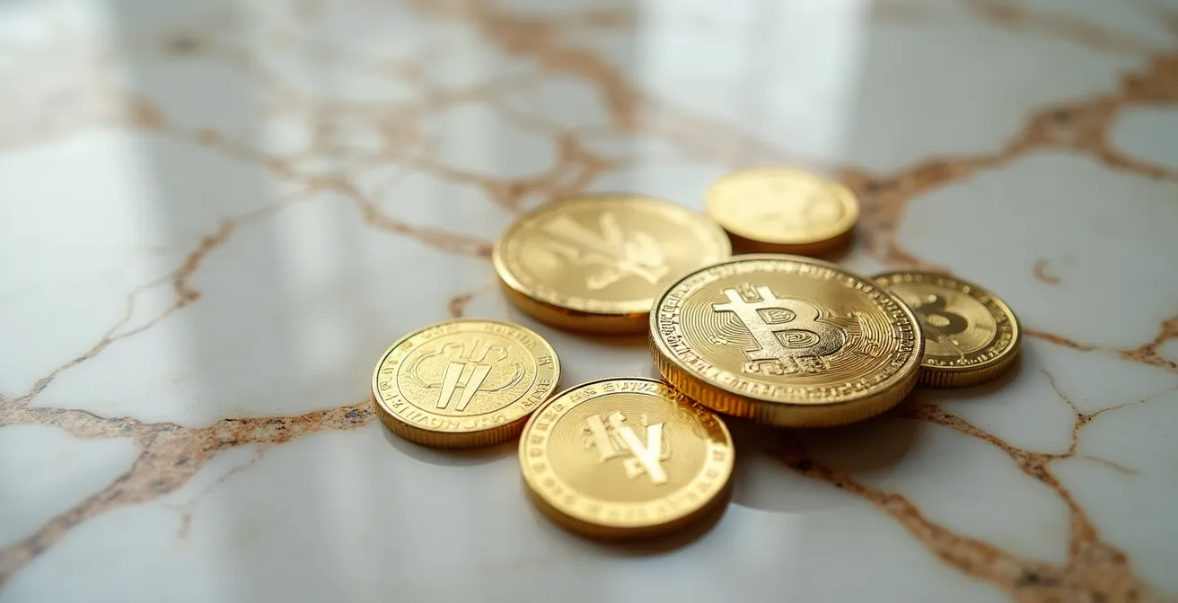 Visualizzazione dei vantaggi fiscali dei BTP italiani, con monete d'oro appoggiate su una superficie di marmo pregiato.