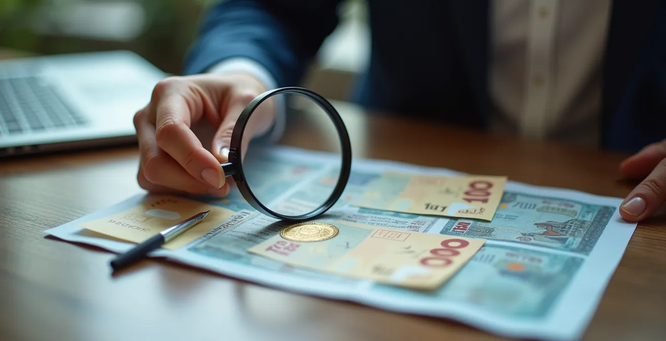 Mano che verifica documenti bancari con ologramma di sicurezza su scrivania italiana