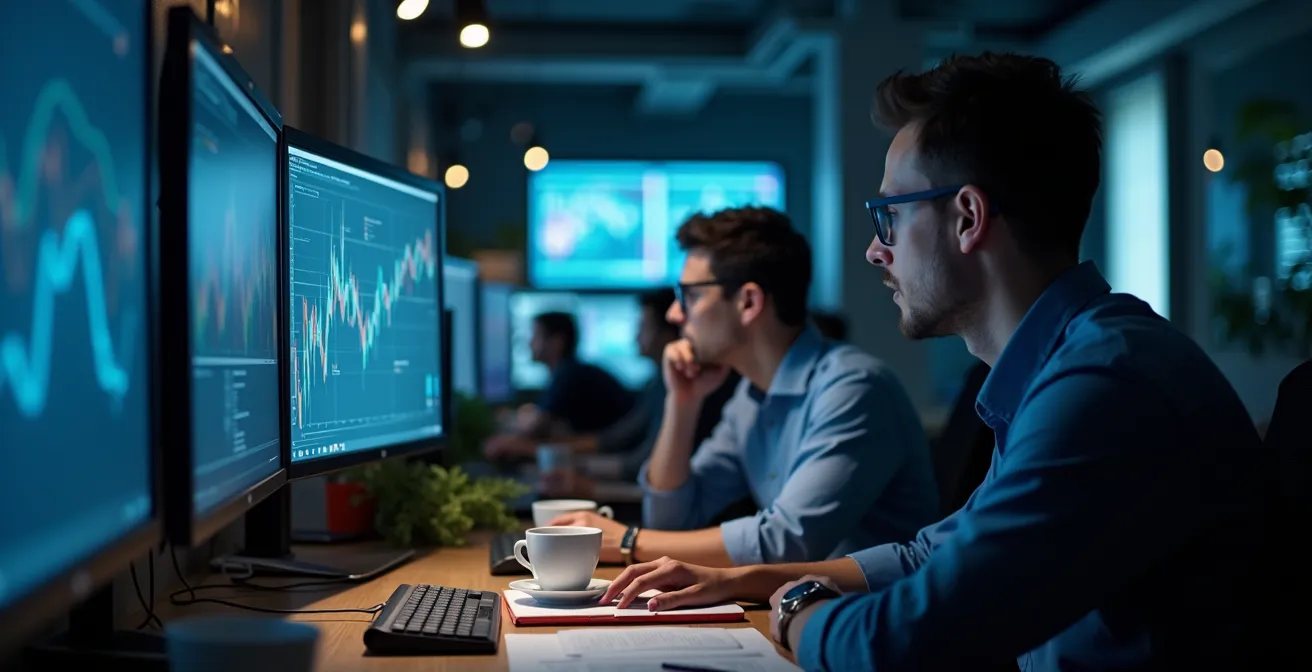 Sala controllo bancaria con analisti che monitorano flussi di dati su schermi multipli